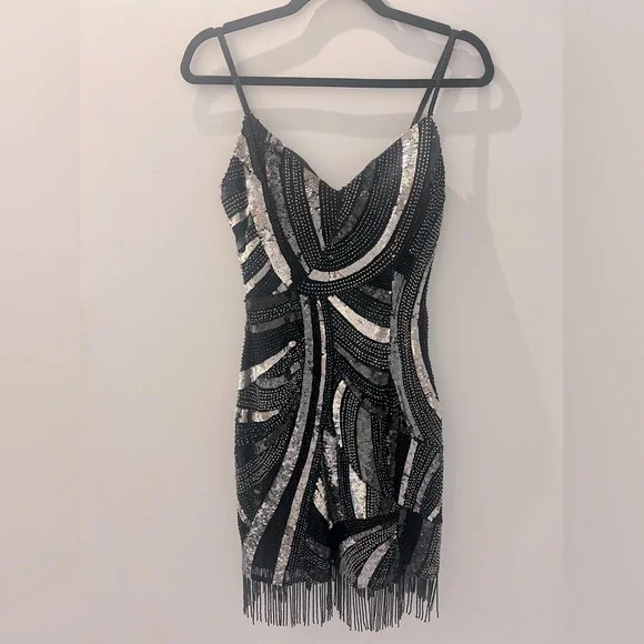 Vintage SCALA Black & Silver Beaded Fringe Dress | Size M | Made in India - Picture 3 of 7